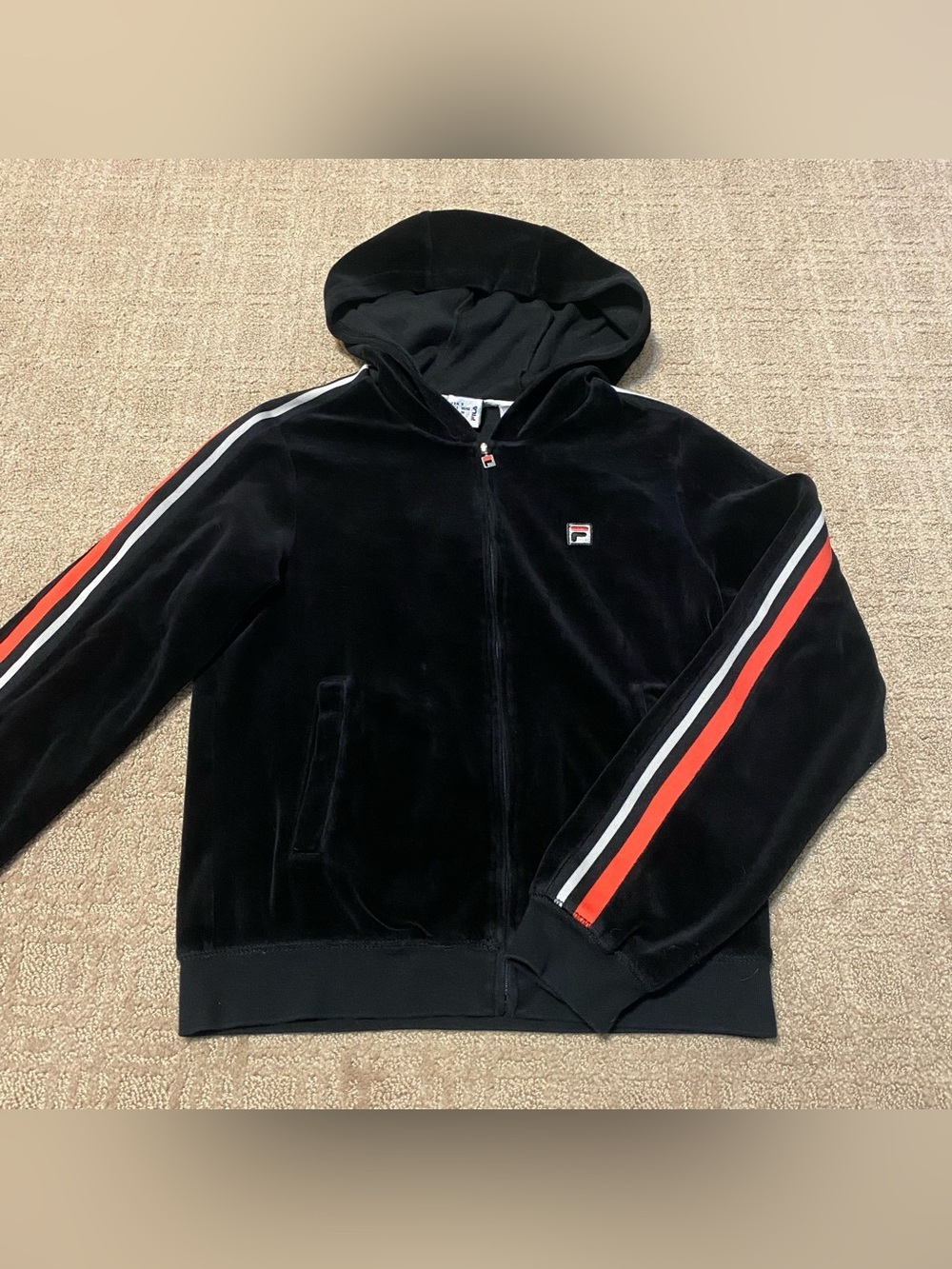 {FILA} Vintage Y2K Velour Hoodie with Stripe Detail | Black ~ Size Small